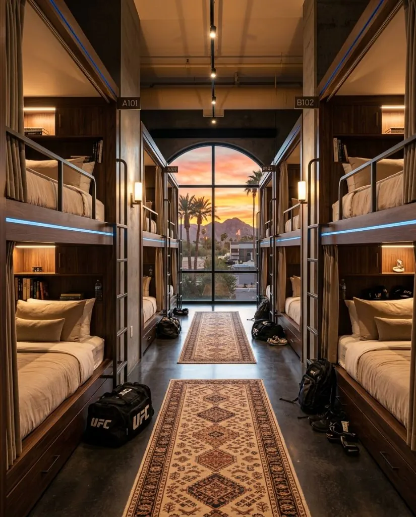 Capsule rooms — premium athlete bunk pods with arched sunset window
