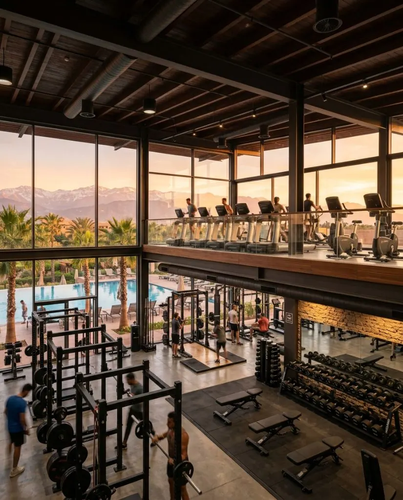 Premium two-level gym — glass wall overlooking pool and mountains