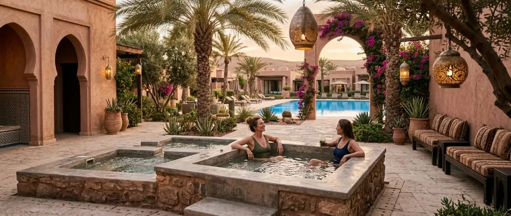 Moroccan courtyard with stone plunge pools, bougainvillea and lanterns