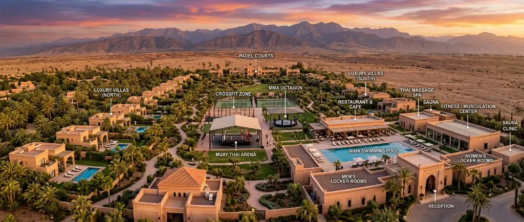 Lions Camp aerial — luxury villas and full compound with labels
