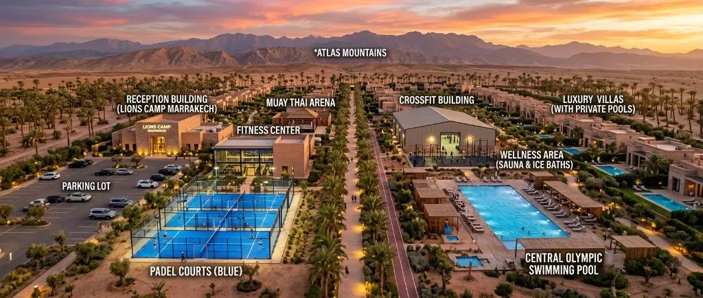 Lions Camp compound — full masterplan with labels