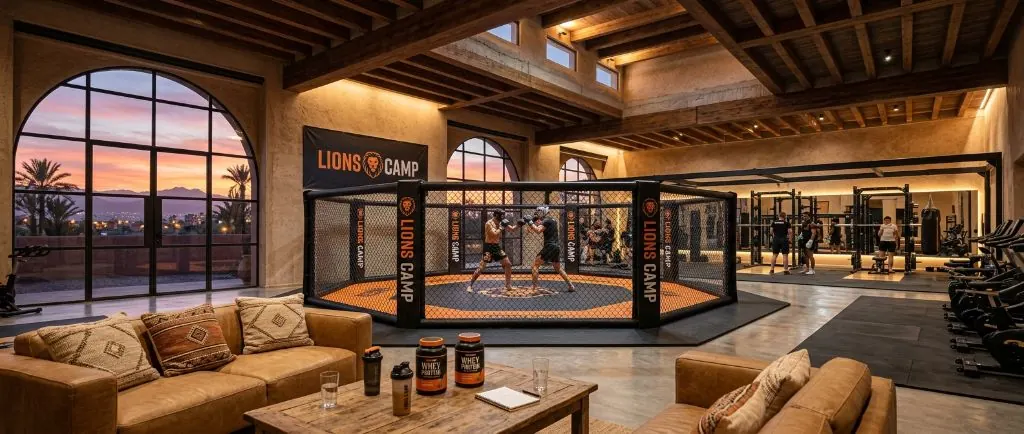 Lions Camp MMA octagon and Muay Thai arena — branded cage with lounge