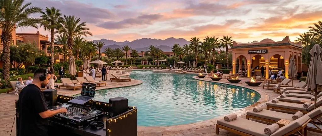 Olympic pool — social hub with DJ booth, protein bar and sunset lounges