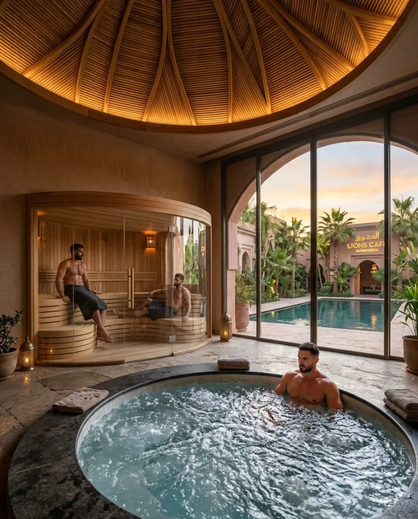Sauna pod and ice bath plunge — domed recovery room overlooking pool